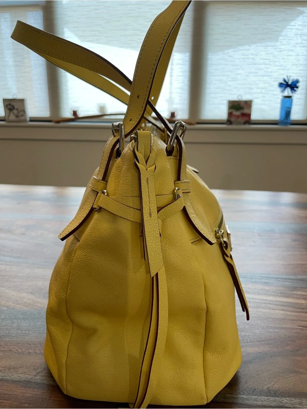 Dooney & Bourke Yellow Leather Satchel with Front Zip Pocket